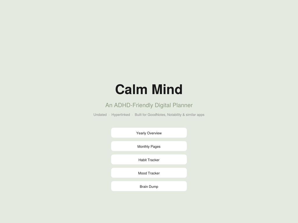 ADHD Digital Planner — Calm Mind Hyperlinked PDF for GoodNotes & iPad