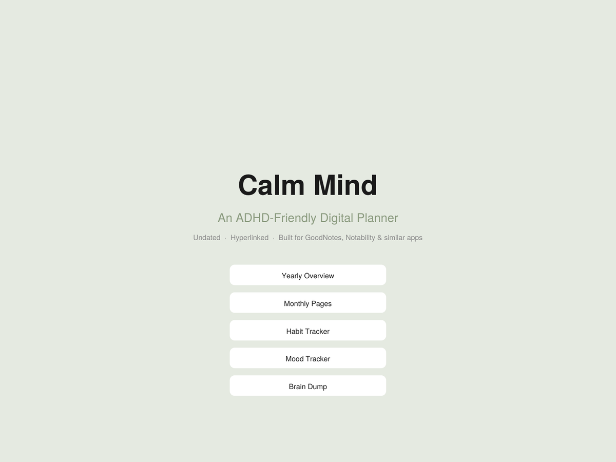ADHD Digital Planner — Calm Mind Hyperlinked PDF for GoodNotes & iPad